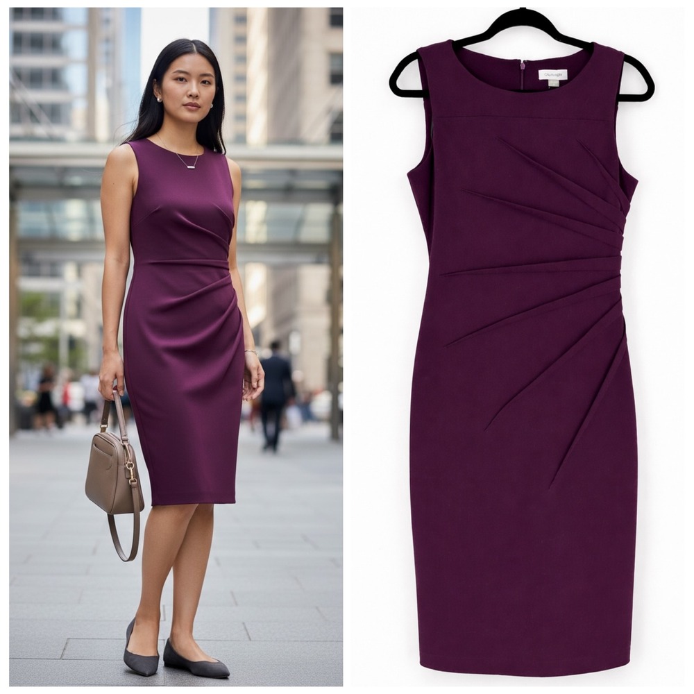 NWT Calvin Klein Sheath‎ Dress Women Size 8 Purple Pleated Office Career Wedding